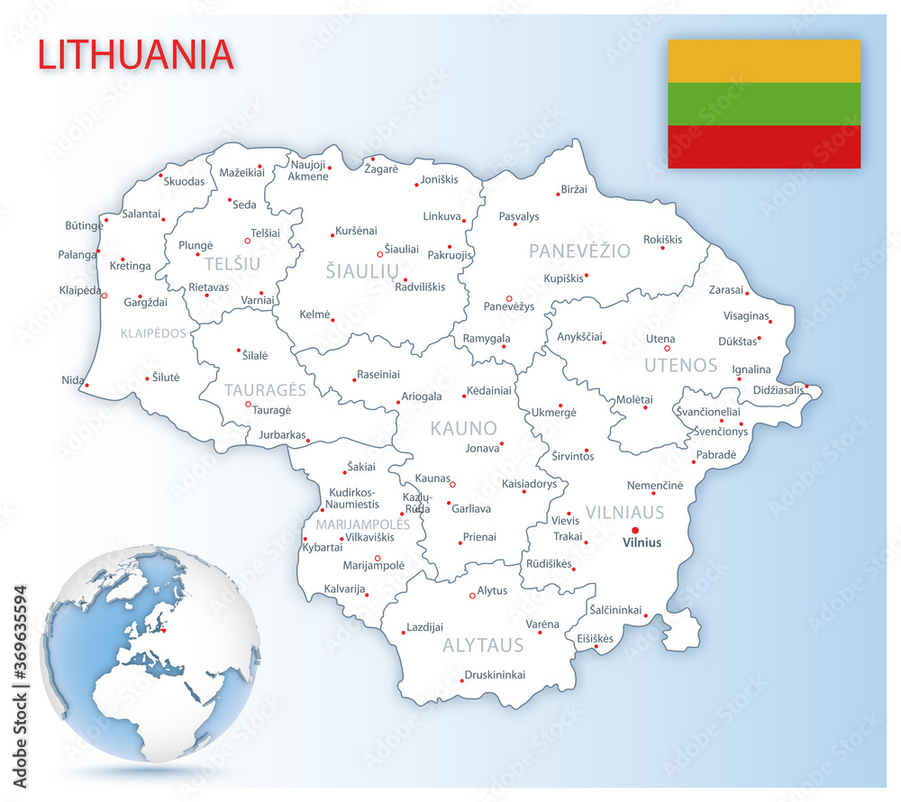 Detailed Lithuania administrative map with country flag and location on a blue globe. Vector illustration
