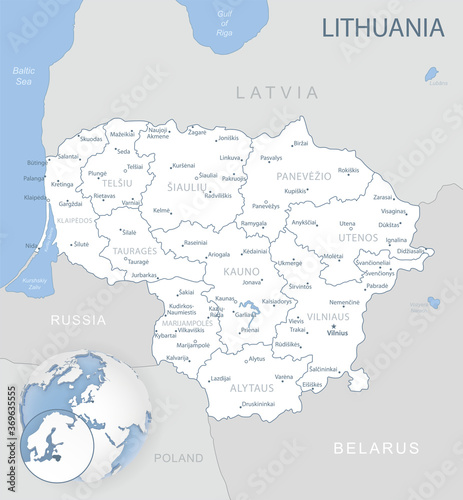 Blue-gray detailed map of Lithuania administrative divisions and location on the globe. Vector illustration photo