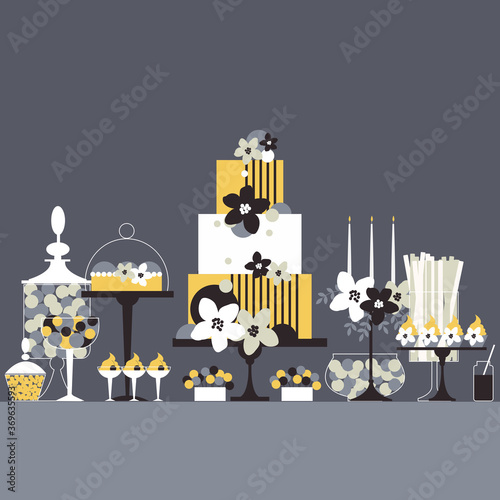 Wedding candy bar with cake and flowers.  Birthday dessert table.  Vector illustration.