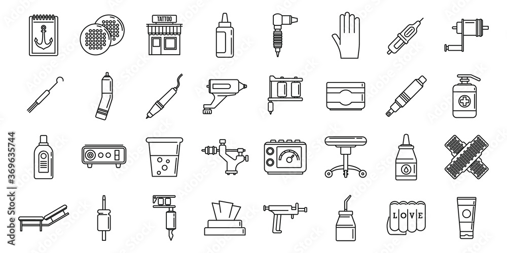 City tattoo studio icons set. Outline set of city tattoo studio vector icons for web design isolated on white background