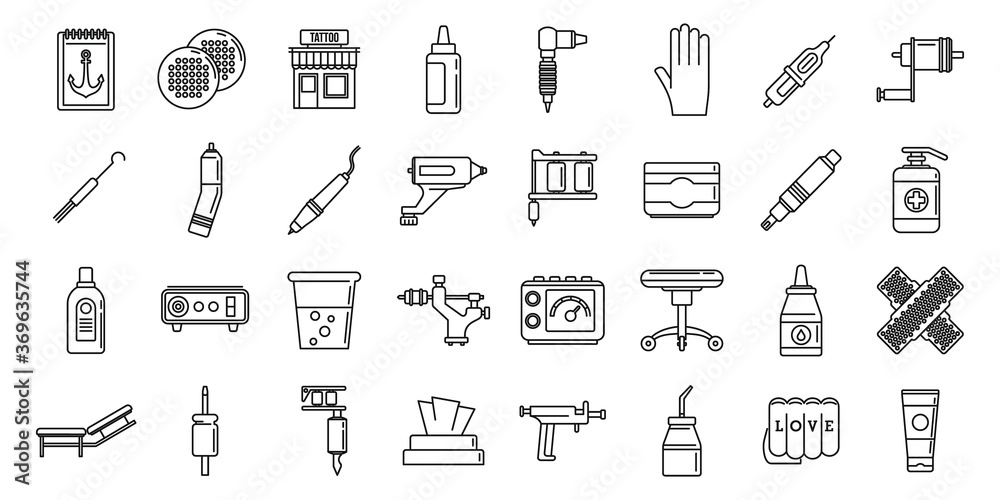 City tattoo studio icons set. Outline set of city tattoo studio vector icons for web design isolated on white background City tattoo studio icons set. Outline set of city tattoo studio vector icons for web design isolated on white background
