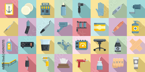 Tattoo studio icons set. Flat set of tattoo studio vector icons for web design