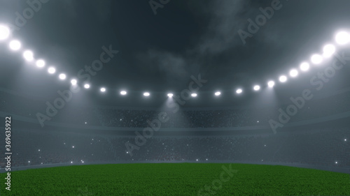 3D Rendering of soccer sport stadium, green grass during night match with crowd of audience and bright led spot lights and camera flashes © knssr