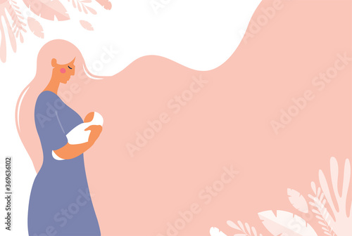 A beautiful young mom is holding a newborn baby in her hands. Poster with copy space about motherhood. Flat vector concept illustration with pink background.