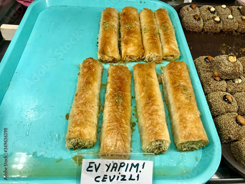 Traditional Turkish-Arabic Dessert for Sale at Local Patisserie Showcase. photo