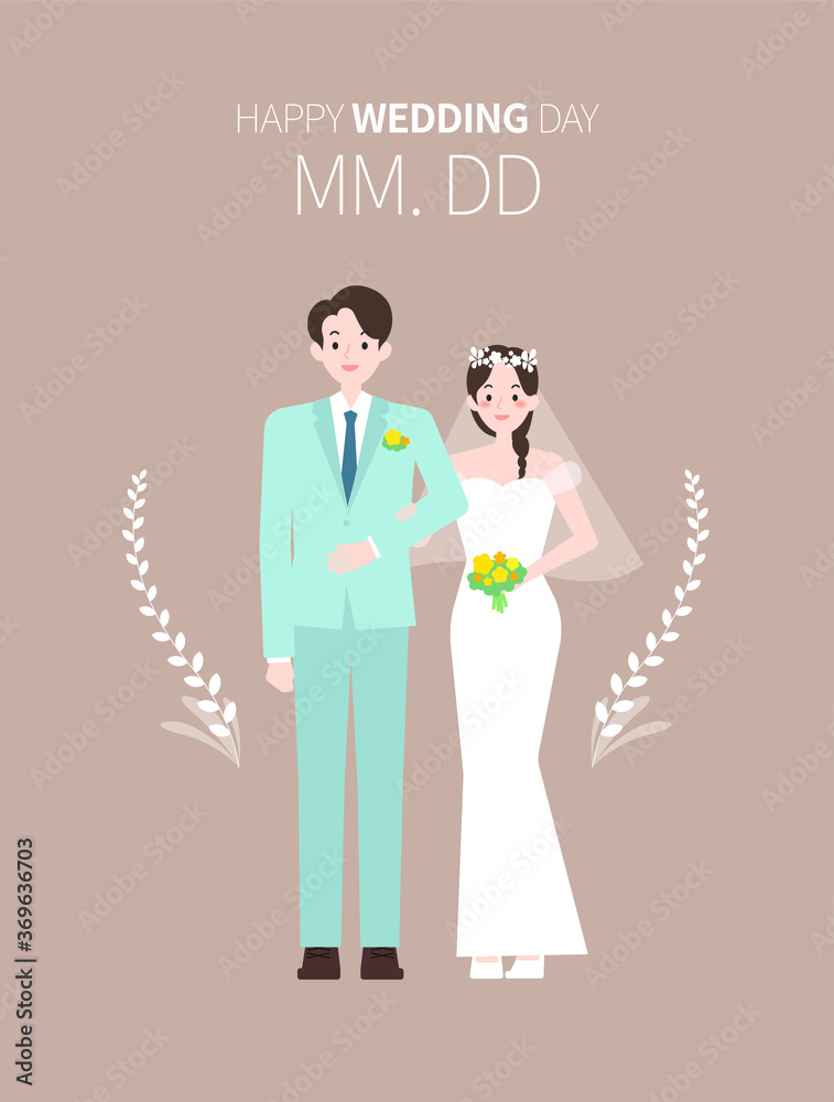 A couple in wedding dresses and tuxedo stands with arms folded. Happy wedding day image. Flat illustration useful for wedding invitations.