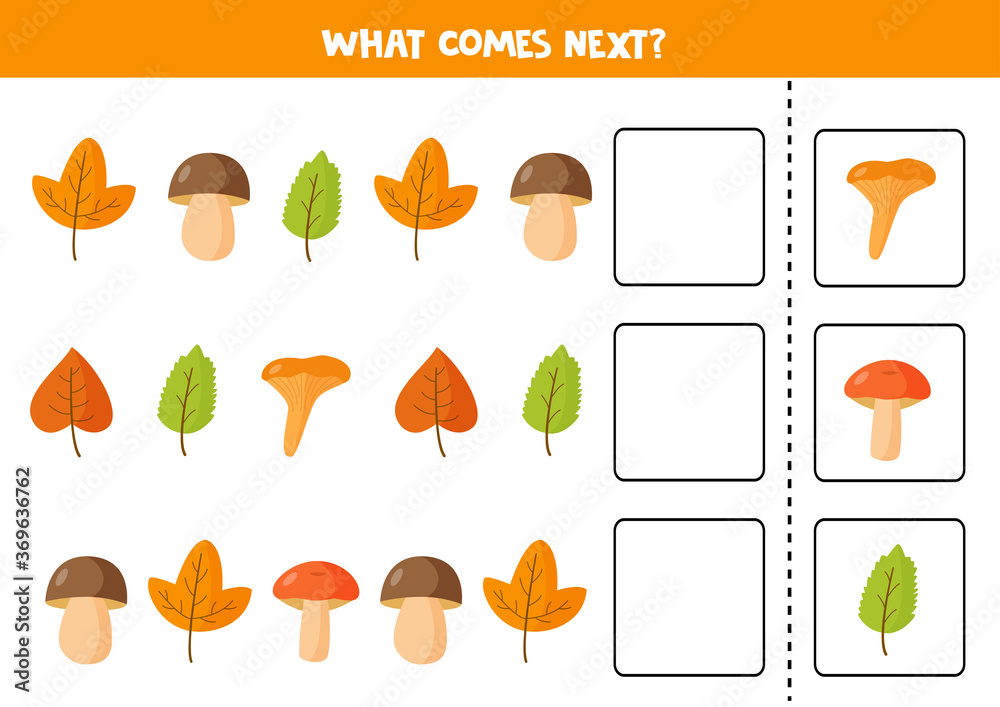 What comes next with colorful autumn leaves and mushrooms. What comes next with colorful autumn leaves and mushrooms.
