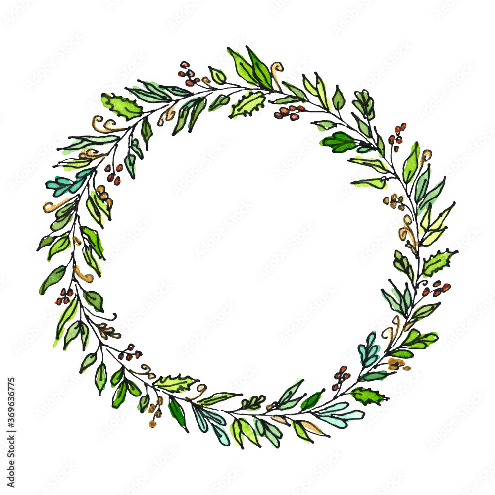 Watercolor Christmas wreath in Doodle style, isolated on a white background. Hand drawing. For postcards, greetings, invitations, stickers, Wallpaper, t-shirt printing.