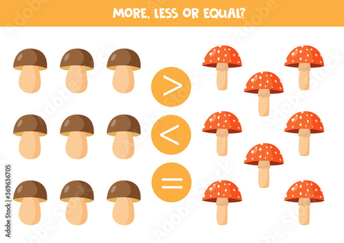Math game for kids, More, less or equal with forest mushrooms.