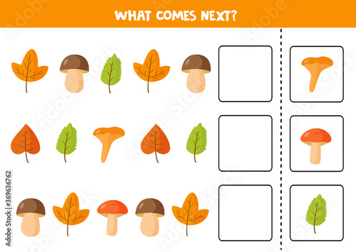 What comes next with colorful autumn leaves and mushrooms.