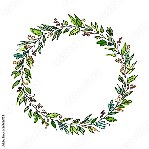 Watercolor Christmas wreath in Doodle style, isolated on a white background. Hand drawing. For postcards, greetings, invitations, stickers, Wallpaper, t-shirt printing. © Outlander1746