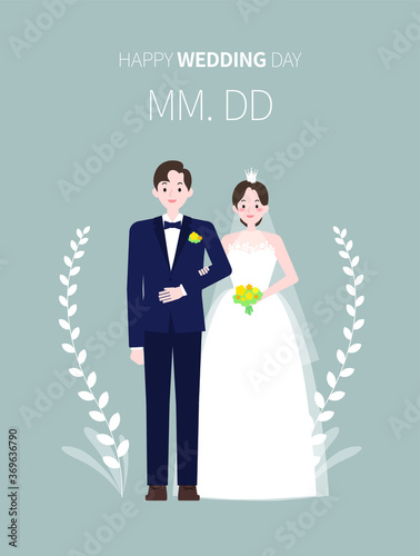 A couple in wedding dresses and tuxedo stands with arms folded. Happy wedding day image. Flat illustration useful for wedding invitations.