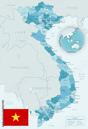Blue-green detailed map of Vietnam administrative divisions with country flag and location on the globe. Vector illustration