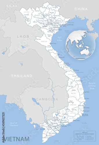 Blue-gray detailed map of Vietnam administrative divisions and location on the globe. Vector illustration