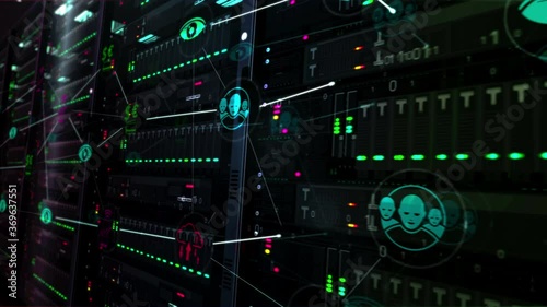Servers room with symbols of social scoring, privacy, personal surveillance, cyber supervise and information spying technology. Futuristic digital loopable and seamless 3d rendering concept animation.