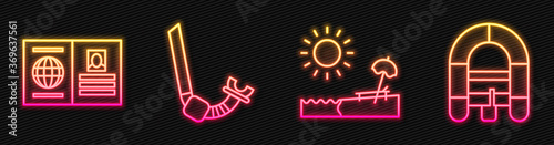 Set line Beach with umbrella and chair, Passport, Snorkel and Rafting boat. Glowing neon icon. Vector.