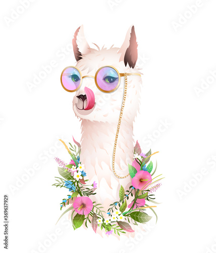 Hippie Lama in flowers licking its lips wearing hipster sunglasses and smiling. Cool and funny t shirt and other apparel design. Vector animal realistic modern trendy design, fun and artistic style.