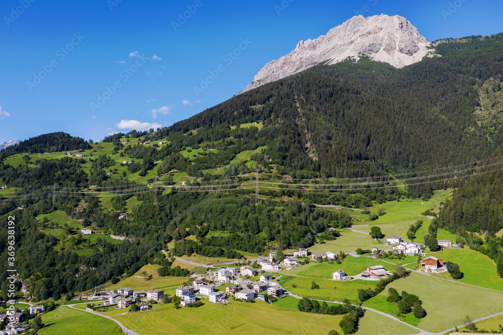 Switzerland, Poschiavo Valley, aerial view of the town