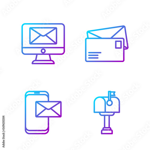 Set line Mail box, Mobile and envelope, Monitor and envelope and Envelope. Gradient color icons. Vector Illustration