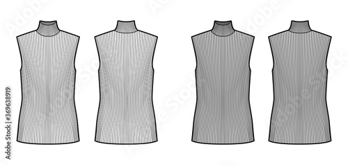 Turtleneck rib sweater technical fashion illustration with oversized tunic length body, sleeveless jumper. Flat shirt apparel template front, back, white grey color. Women, men unisex top CAD mockup