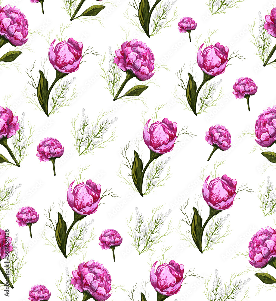 Seamless  pattern with pink peony isolated on a white background. realistic flowers, sketch drawn by hand. for the design of Wallpaper and fabrics, wrapping paper.  illustration.