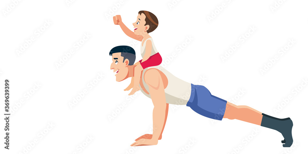 Son character ride father like horse. The man pushup from the floor with the boy on his back. Concept Fatherhood child-rearing. Vector flat cartoon illustration Son character ride father like horse. The man pushup from the floor with the boy on his back. Concept Fatherhood child-rearing. Vector flat cartoon illustration