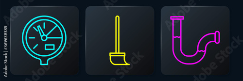 Set line Water meter, Industry metallic pipe and Mop. Black square button. Vector.