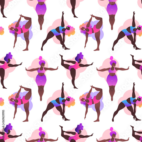 Plus size black curvy girls doing yoga class. Seamless pattern. Vector illustration. Online home workout concept. Body positive. Attractive african American woman.