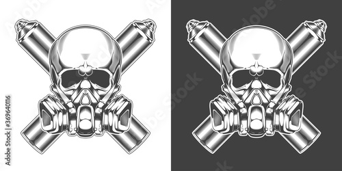 Vintage monochrome skull with respirator and crossed spray cans isolated vector illustration