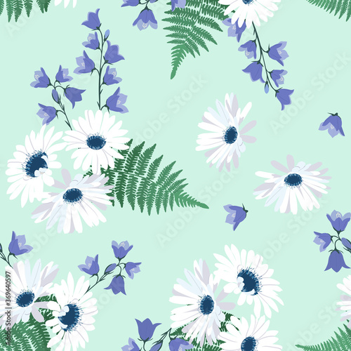 Seamless vector illustration with white gerberas and campanula.