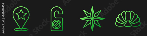 Set line Wind rose, Map pointer with star, Please do not disturb and Scallop sea shell. Gradient color icons. Vector.