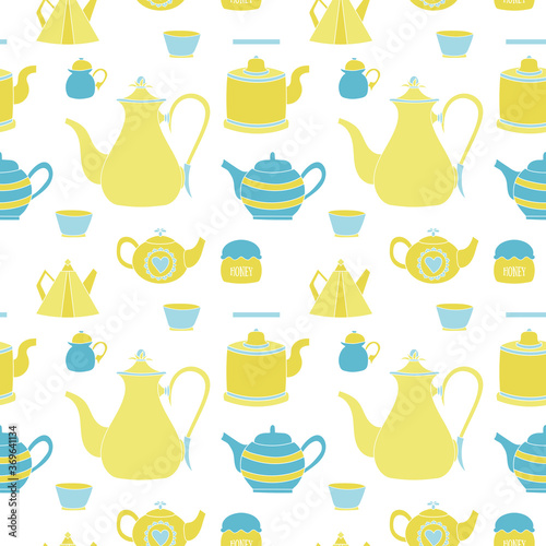 Hand drawn seamless pattern with tea time elements. Tea pots, cups, honey. For card, invitation, decoration, wrapping paper, cafe, menu. Abstract cute colorful background. Vector illustration.