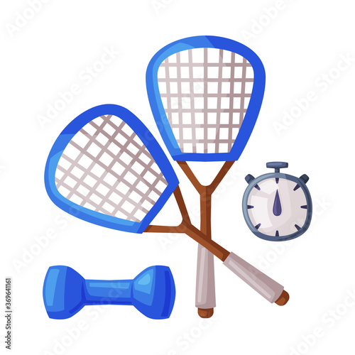 Tennis Racquets, Dumbbell and Stopwatch Sports Equipment Cartoon Style Vector Illustration