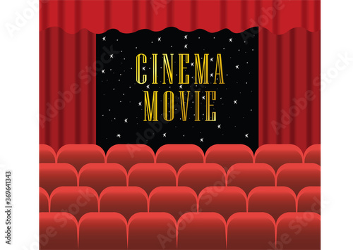 Inside movie theater Screening a big screen movie with red curtains,Red seat