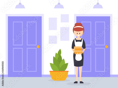 Housemaid Dressed in Classic Maid Uniform Standing with Stack of Towels, Hotel Staff Character Cartoon Vector Illustration