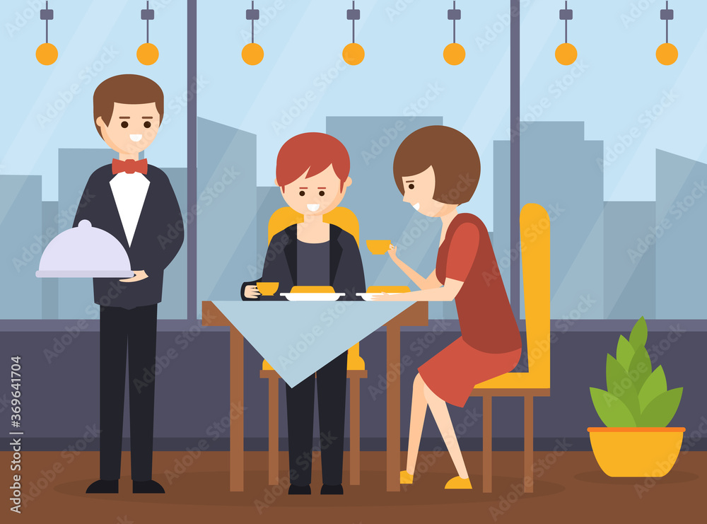 Couple Having Dinner in Restaurant, Waiter Serving and Taking Order