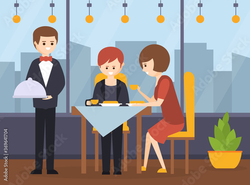 Couple Having Dinner in Restaurant, Waiter Serving and Taking Order Dishes, Hotel Restaurant Interior Cartoon Vector Illustration