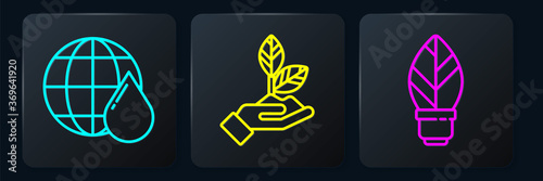 Set line Earth planet in water drop, Light bulb with leaf and Plant in hand. Black square button. Vector.