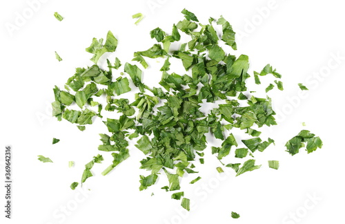 Fresh chopped up celery leaves pile isolated on white background  top view
