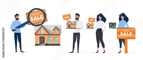 Set of realtors isolated on white background. The woman offers to buy a house. Businessman sells real estate. Vector.