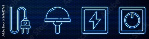 Set line Lightning bolt, Electric plug, Light emitting diode and Electric light switch. Glowing neon icon on brick wall. Vector.