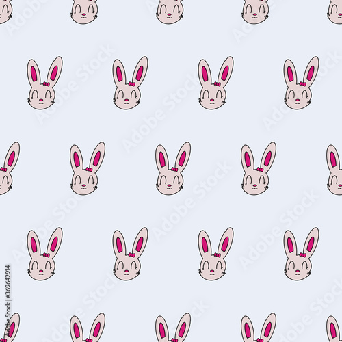 Seamless pattern. Funny hare. Rabbit with a pink bow. Suitable for backgrounds, postcards, and wrapping paper. Vector. © Javvani