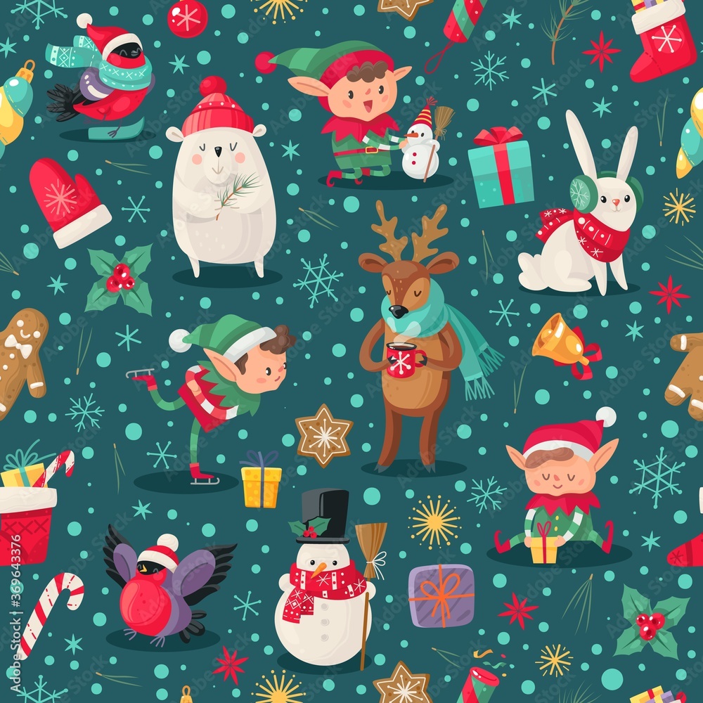 Christmas characters seamless pattern. Santa Claus helpers, deer and snowman, elf and bear winter childish xmas design for wallpaper, textile and wrapping paper, vector texture