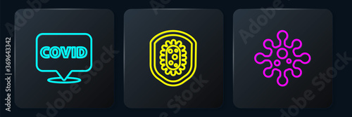 Set line Corona virus covid-19 on location, Virus and Shield protecting from. Black square button. Vector.