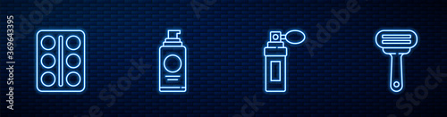 Set line Perfume, Eye shadow palette, Spray can for hairspray and Shaving razor. Glowing neon icon on brick wall. Vector.