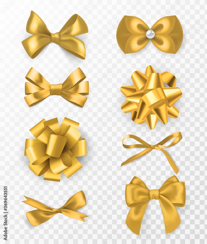 Gold decorative bows. 3d silk ribbon with decorative bow, golden holiday packaging element, card or page decor, elegant gift tape vector set