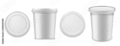 Yoghurt container. Realistic white blank plastics packaging for milk dessert product. Closed round box top bottom front and perspective view vector isolated mockups