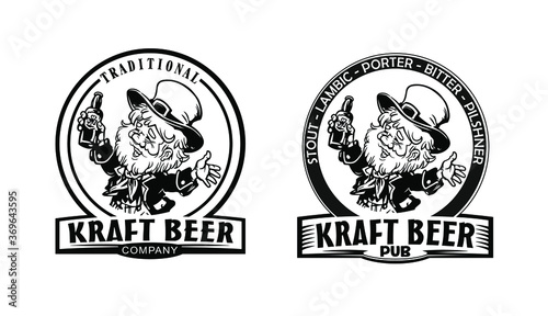 Logo design with beer bottle. Designed to label, emblem or badge for brewery, beerhouses and pubs. Men holding beer, logo illustration