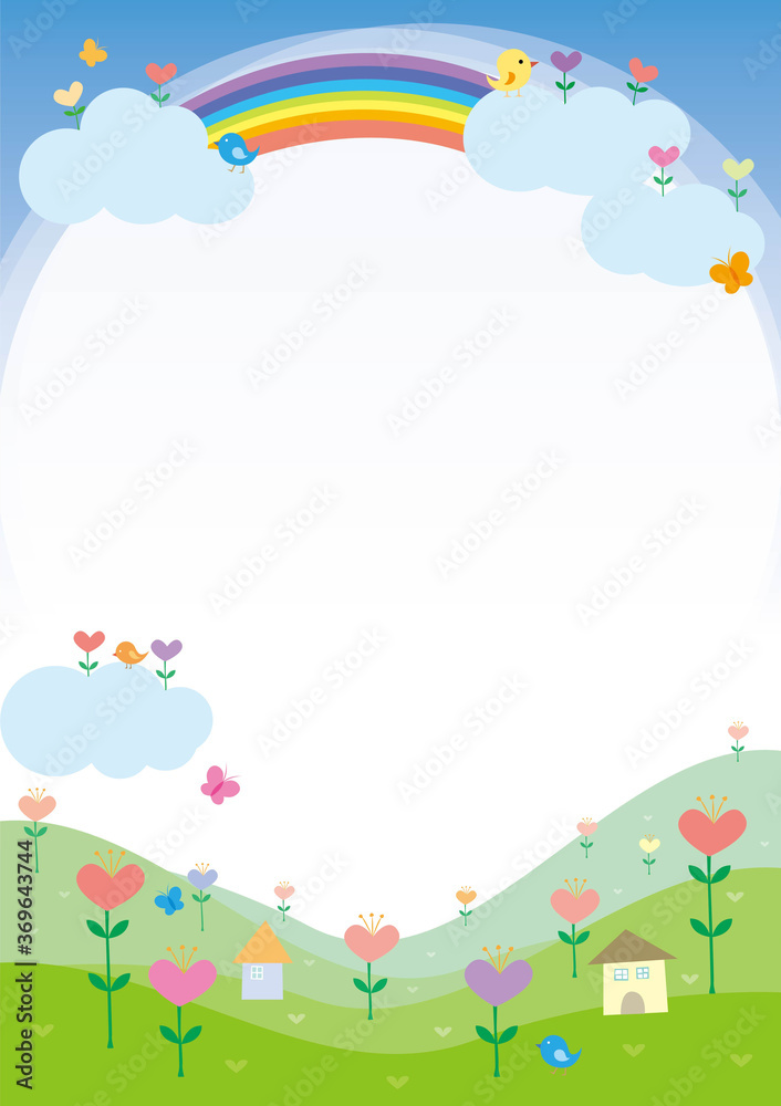 The background of clouds and rainbows and flowers blooming on the mountains.A good frame for children's notifications.Vector source for moving and editing individual images. The background of clouds and rainbows and flowers blooming on the mountains.A good frame for children's notifications.Vector source for moving and editing individual images.