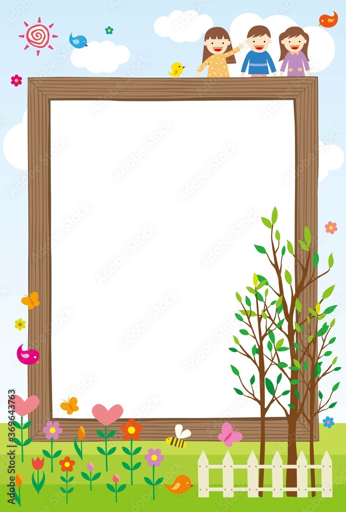 A frame in which a writing background with trees, flowers, and children is framed. A good frame for children's notifications.Vector source for moving and editing individual images. A frame in which a writing background with trees, flowers, and children is framed. A good frame for children's notifications.Vector source for moving and editing individual images.